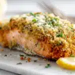 Parmesan Crusted Salmon with White Wine Dijon Cream Sauce 7 Parmesan crusted salmon with a golden, crispy topping and tender flaky center on a plate