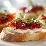 Pepper Jelly Appetizer 7 Pepper jelly appetizer served over cream cheese with crackers on a platter