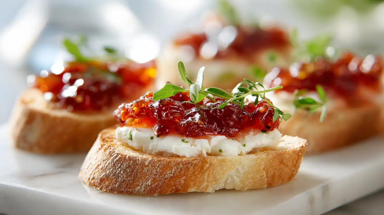 Pepper Jelly Appetizer 4 Pepper jelly appetizer served over cream cheese with crackers on a platter