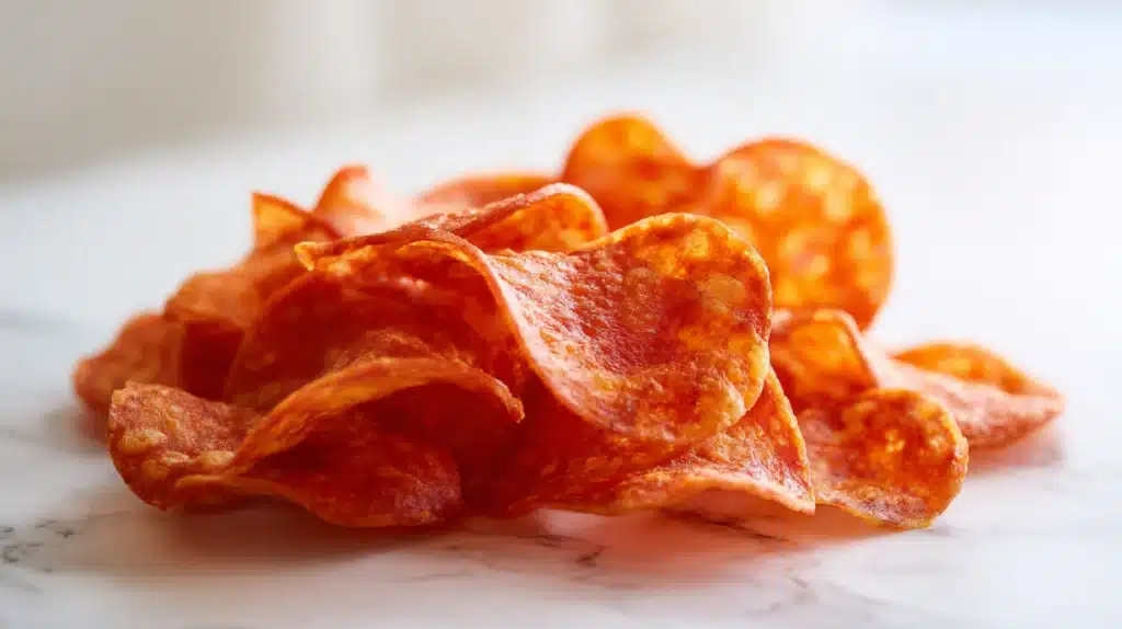 Pepperoni chips baked until crispy and curled, served on a plate