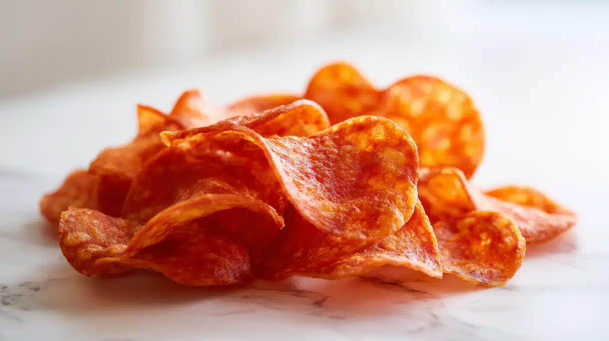 Pepperoni chips baked until crispy and curled, served on a plate