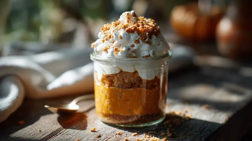 Pumpkin pie overnight oats with creamy oats and warm pumpkin spice flavor in a jar.