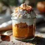 Pumpkin pie overnight oats with creamy oats and warm pumpkin spice flavor in a jar.