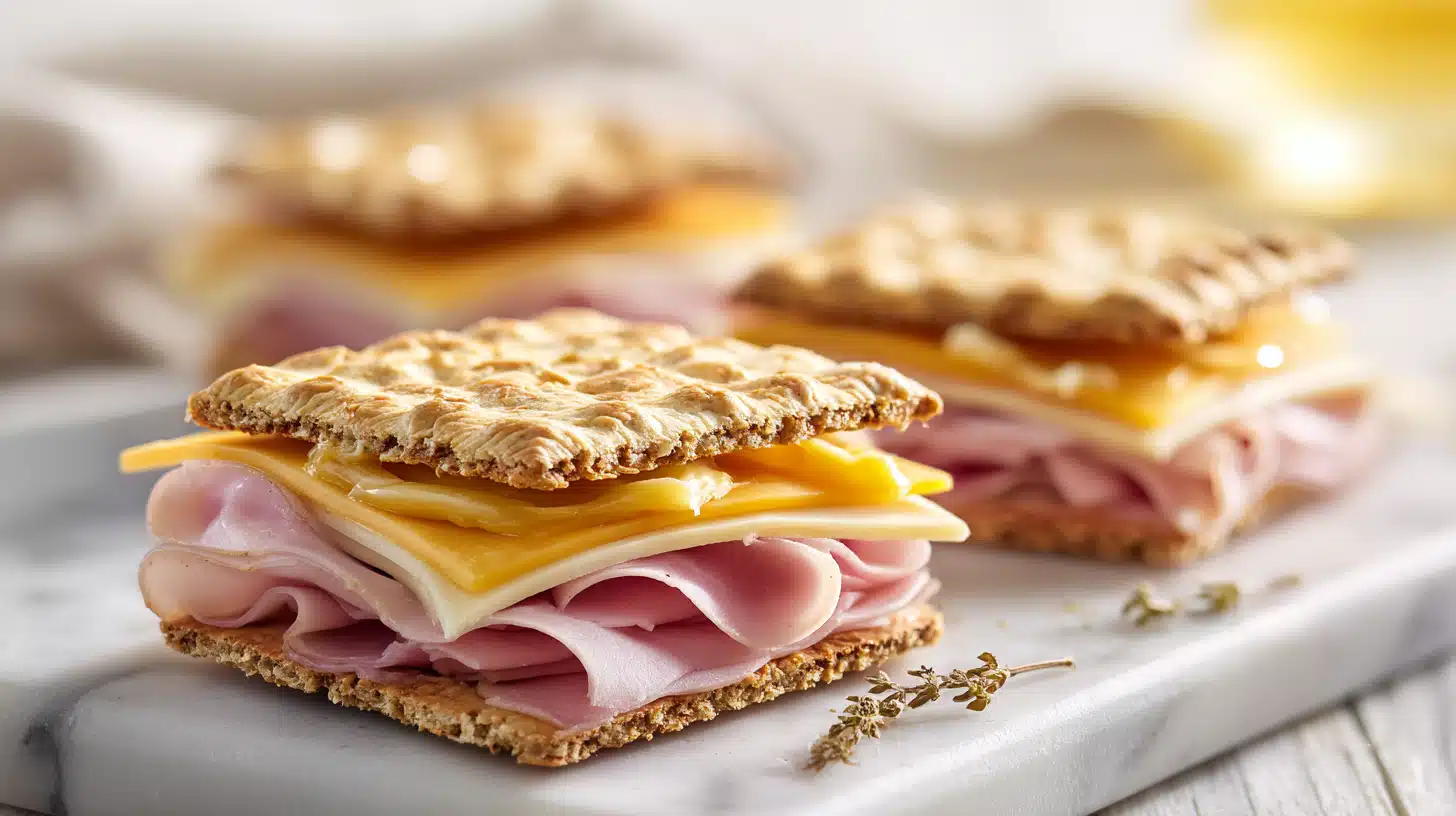 Ritz cracker sandwiches filled with creamy spread and arranged on a plate