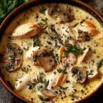 Creamy Rotisserie Chicken Mushroom Soup 7 Creamy rotisserie chicken mushroom soup with sliced mushrooms, tender chicken, and herbs in a bowl