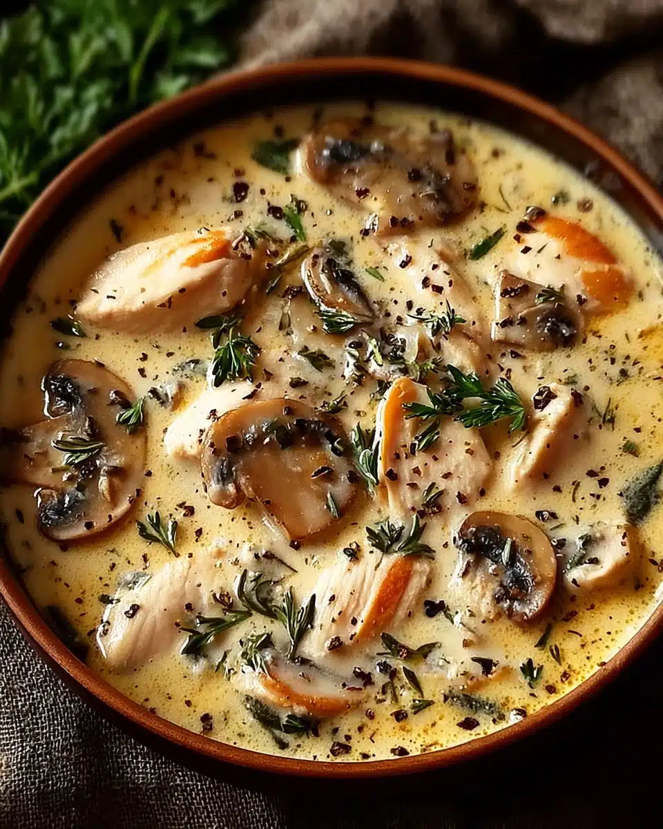 Creamy Rotisserie Chicken Mushroom Soup 4 Creamy rotisserie chicken mushroom soup with sliced mushrooms, tender chicken, and herbs in a bowl