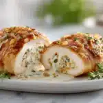Ruth’s Chris stuffed chicken breast filled with creamy cheese and herbs, baked until golden
