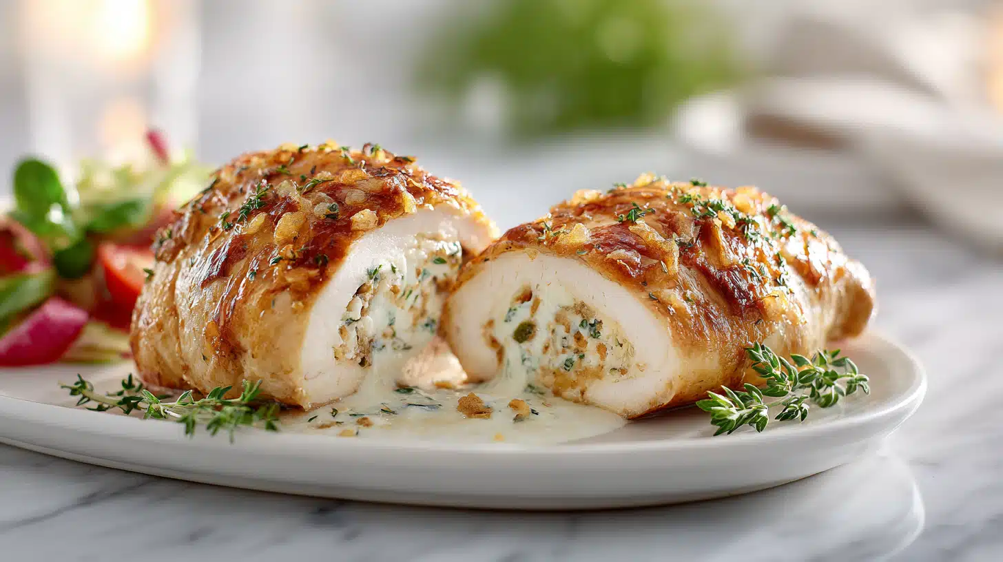 Ruth’s Chris stuffed chicken breast filled with creamy cheese and herbs, baked until golden