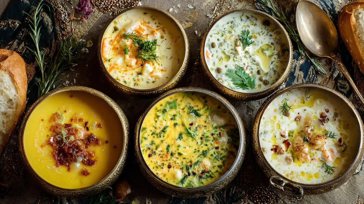 21 Best Soup Recipes For an Excited Winter 1 Assortment of best soup recipes including creamy, hearty, and vegetable soups served in bowls