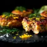 Golden salmon cakes with a crispy exterior served on a plate.