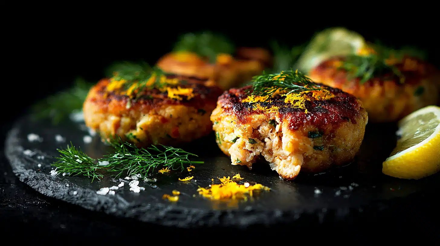 Golden salmon cakes with a crispy exterior served on a plate.