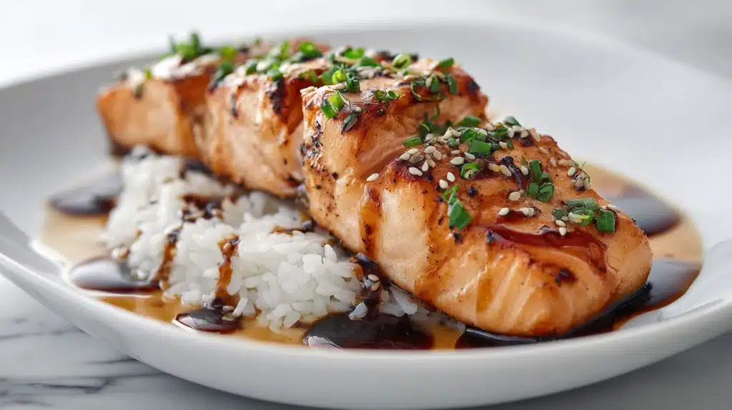 Salmon teriyaki glazed with thick teriyaki sauce, garnished with sesame seeds and green onions
