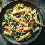 Salmon and spinach pasta with flaky salmon, tender noodles, and creamy sauce.