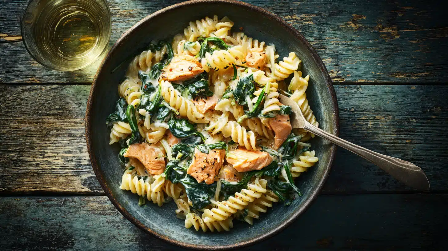 Salmon and spinach pasta with flaky salmon, tender noodles, and creamy sauce.