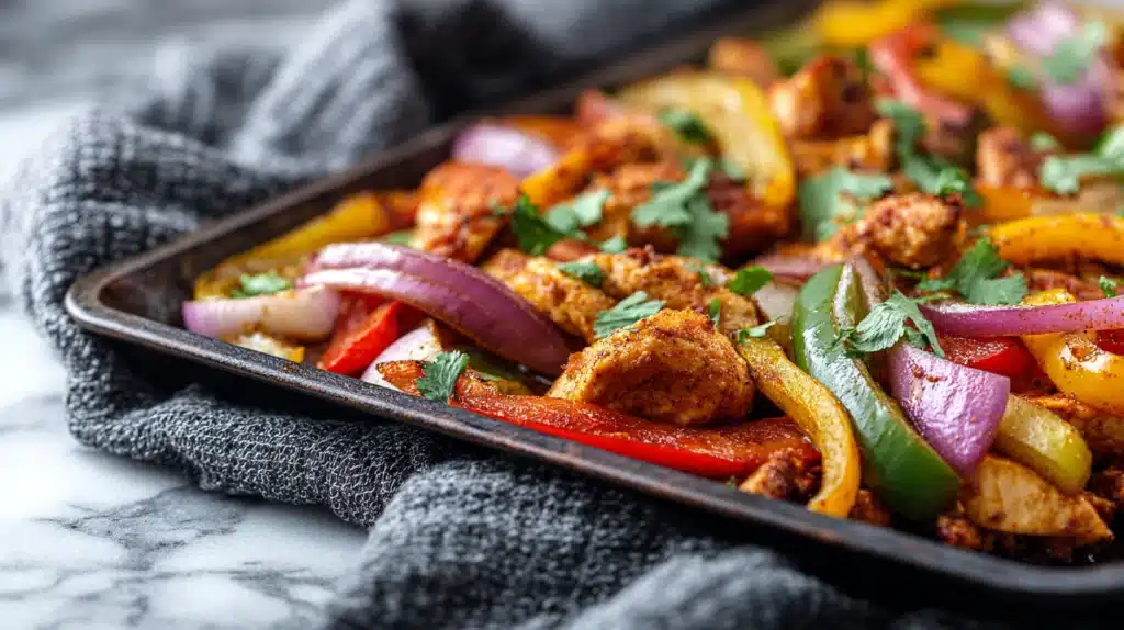 Sheet pan chicken fajitas with sliced chicken, bell peppers, and onions roasted together on a baking sheet