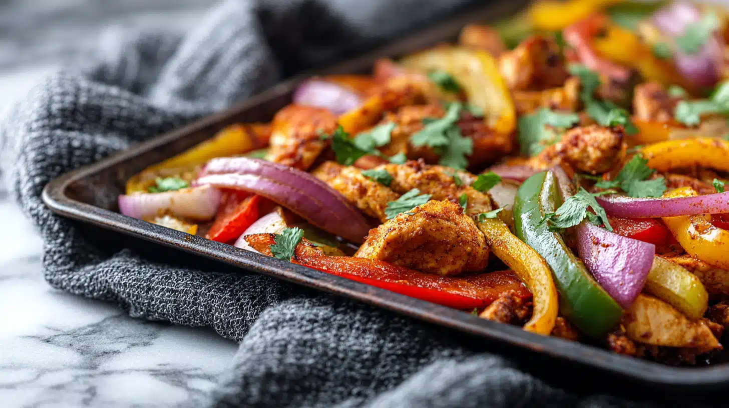 Sheet pan chicken fajitas with sliced chicken, bell peppers, and onions roasted together on a baking sheet