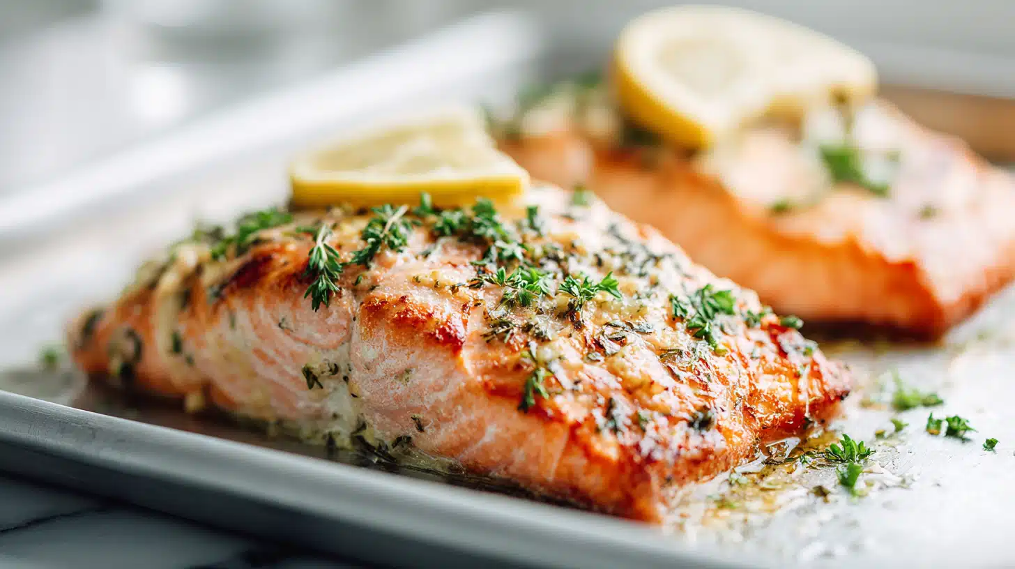 Sheet pan lemon garlic butter salmon baked with lemon slices, herbs, and a buttery glaze