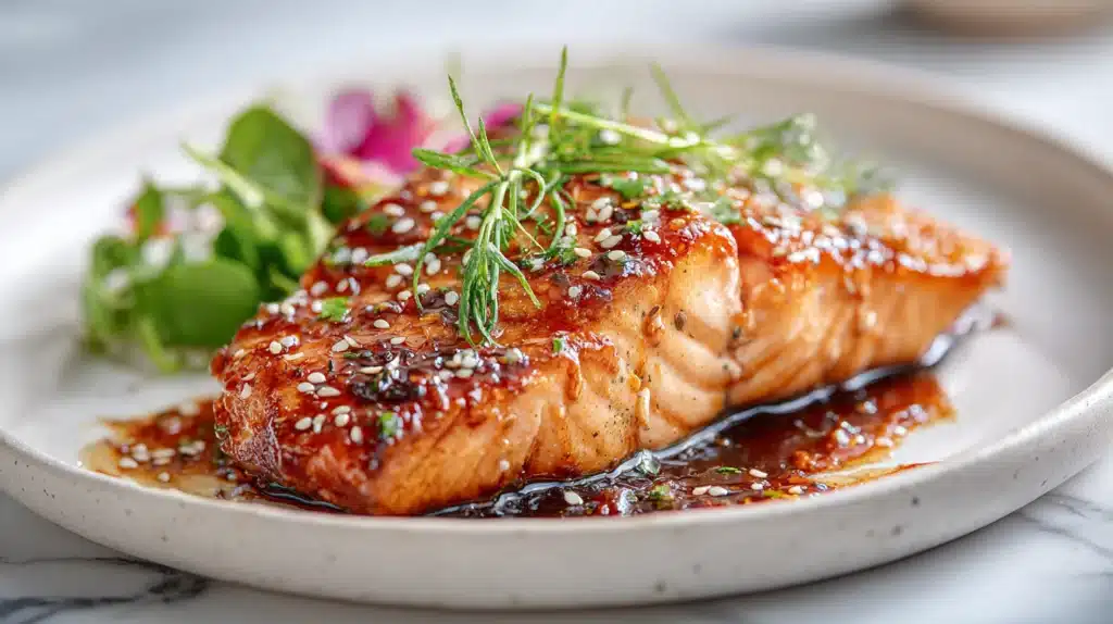 Soy glazed salmon fillet with a glossy glaze, caramelized edges, and sesame seeds on a plate