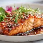 Soy Glazed Salmon 7 Soy glazed salmon fillet with a glossy glaze, caramelized edges, and sesame seeds on a plate