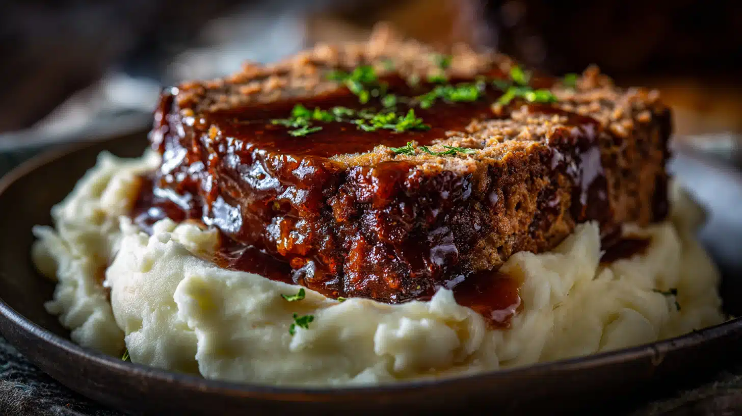 Stove Top stuffing meatloaf baked until golden and sliced on a serving plate.