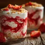 Creamy Strawberry Cheesecake Overnight Oats 7 Strawberry cheesecake overnight oats layered with strawberries and creamy oat mixture in a jar.