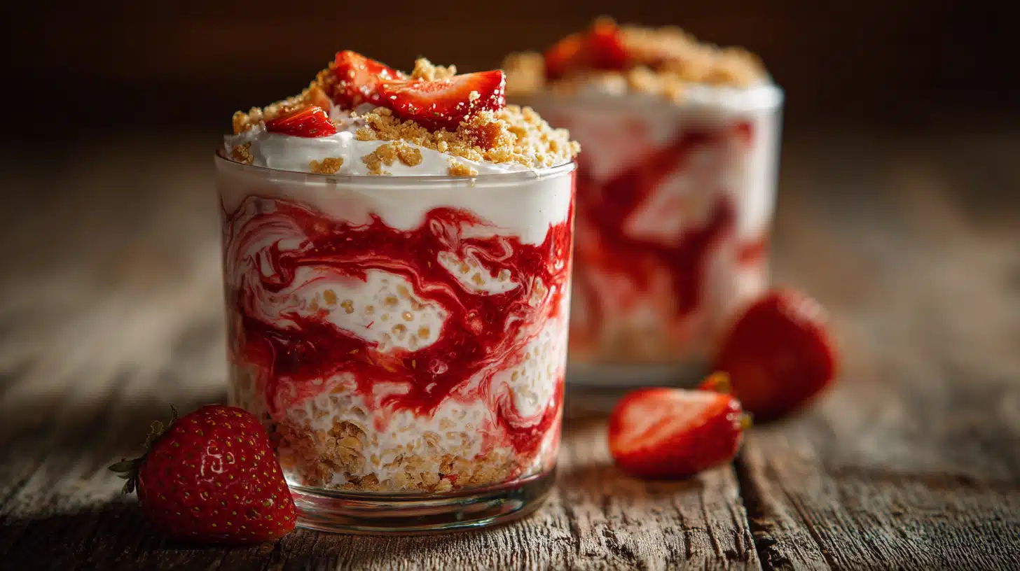 Creamy Strawberry Cheesecake Overnight Oats 4 Strawberry cheesecake overnight oats layered with strawberries and creamy oat mixture in a jar.