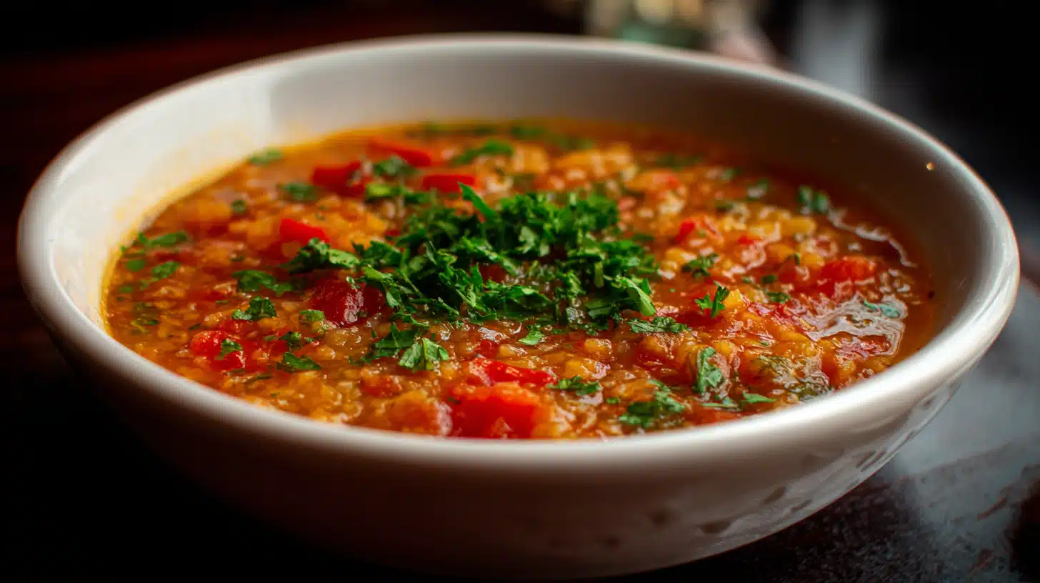 Stuffed pepper soup with ground beef, bell peppers, tomatoes, rice, and herbs in a bowl