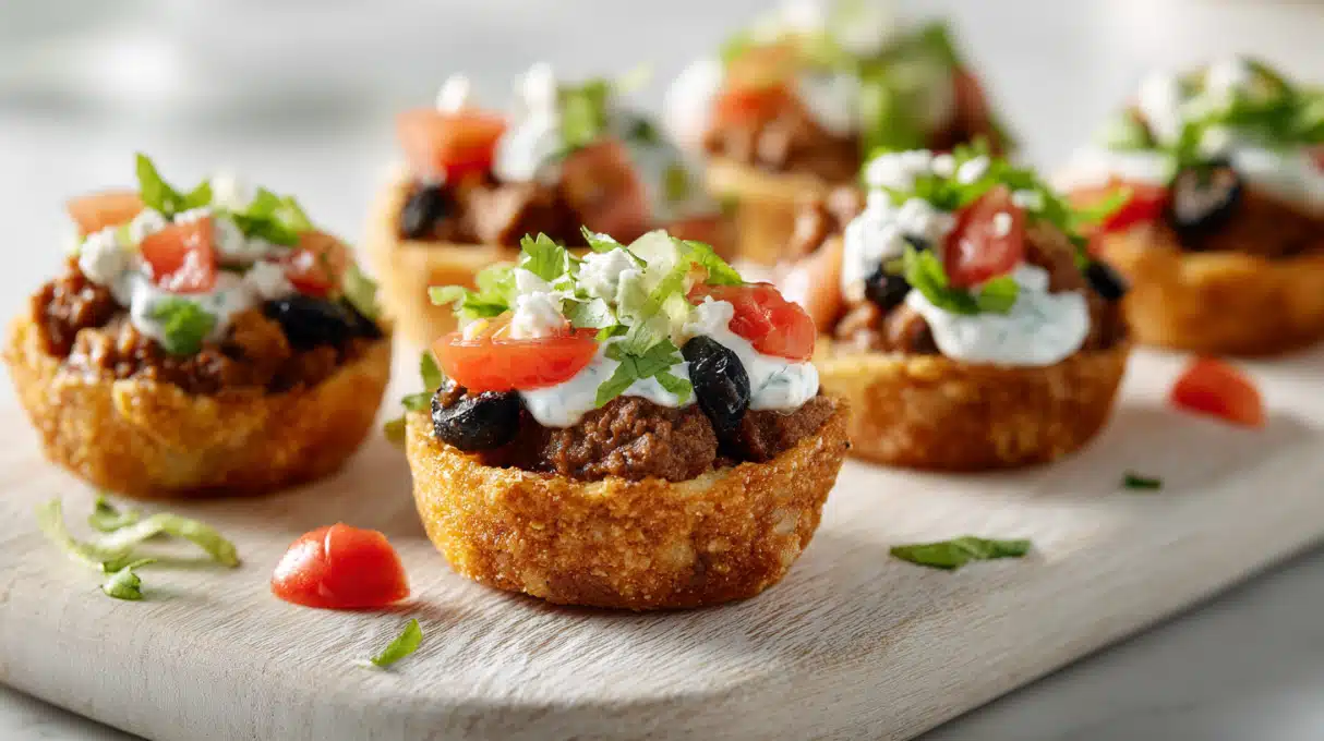 Taco ranch bites baked until golden with seasoned meat, cheese, and ranch flavor on a platter