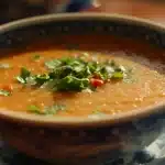 Thai coconut red lentil soup with creamy coconut broth, red lentils, vegetables, and fresh herbs in a bowl