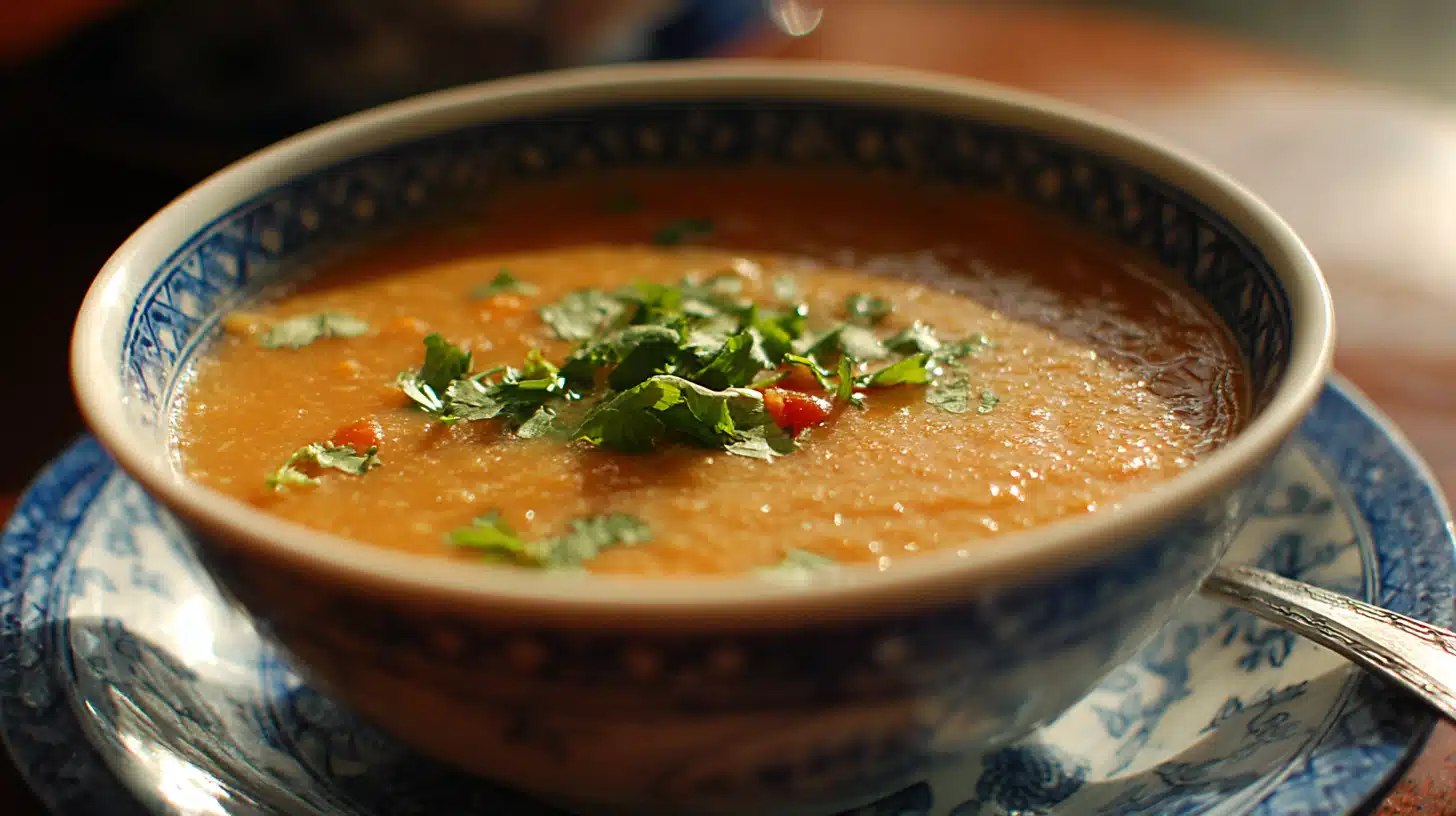 Thai coconut red lentil soup with creamy coconut broth, red lentils, vegetables, and fresh herbs in a bowl