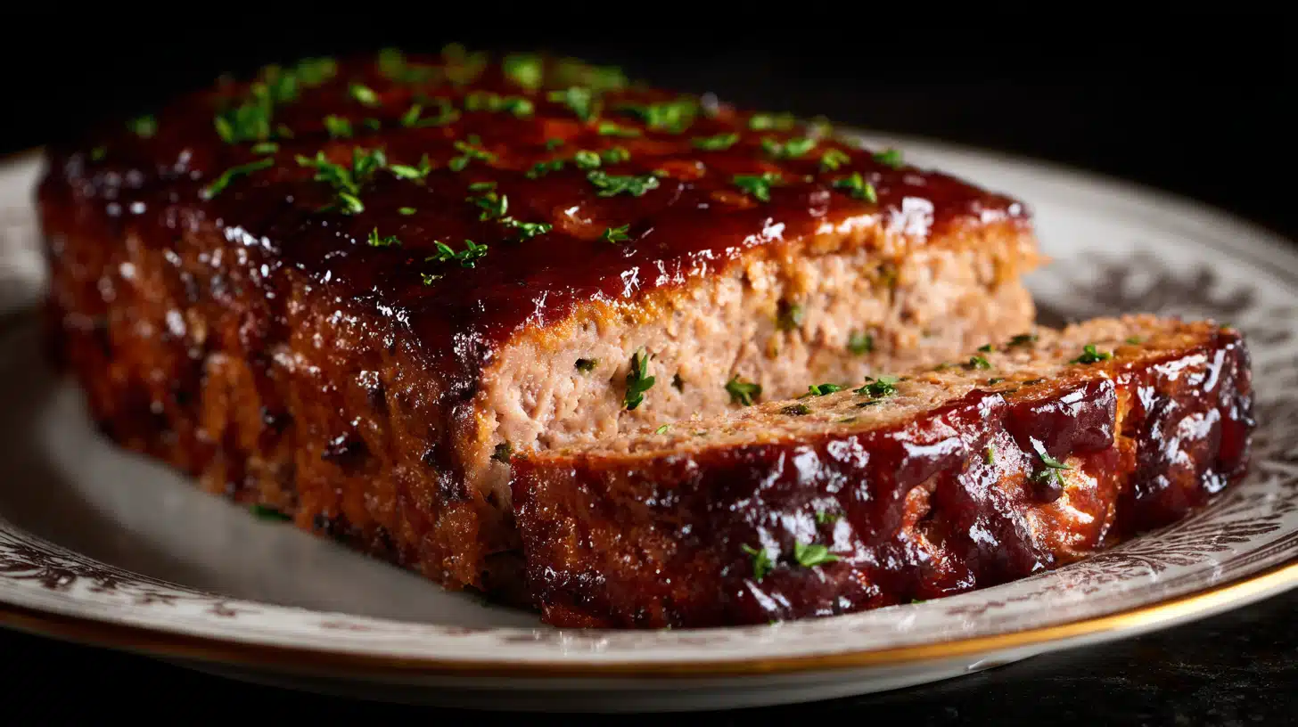 Turkey meatloaf baked until golden and sliced, served with a savory glaze.