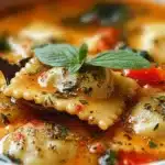 Creamy Tuscan ravioli soup with cheese-filled ravioli, spinach, sun-dried tomatoes, and herbs in a bowl