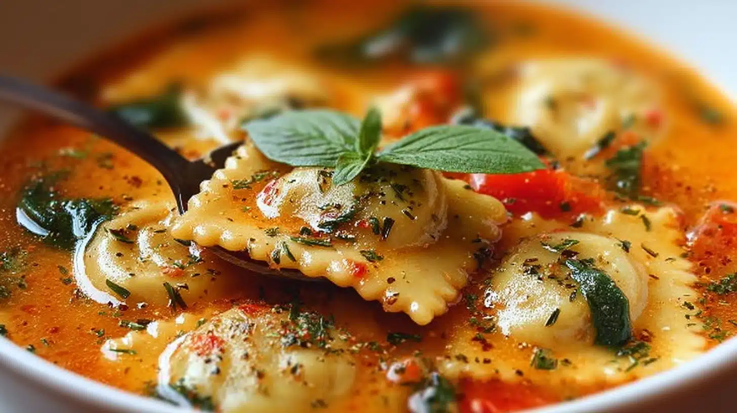 Creamy Tuscan ravioli soup with cheese-filled ravioli, spinach, sun-dried tomatoes, and herbs in a bowl