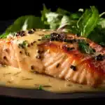 Tuscan salmon in a creamy garlic sauce with sun-dried tomatoes and spinach.