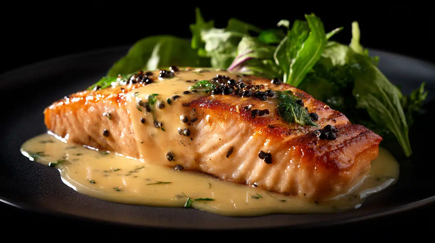 Tuscan salmon in a creamy garlic sauce with sun-dried tomatoes and spinach.