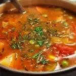 Easy Vegetable Soup 7 Hearty vegetable soup filled with carrots, potatoes, tomatoes, green beans, and herbs in a rustic bowl
