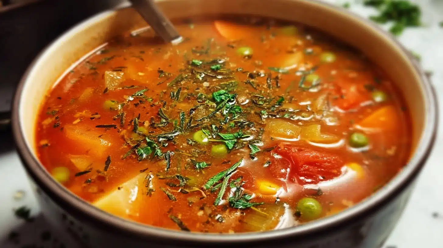 Easy Vegetable Soup 4 Hearty vegetable soup filled with carrots, potatoes, tomatoes, green beans, and herbs in a rustic bowl