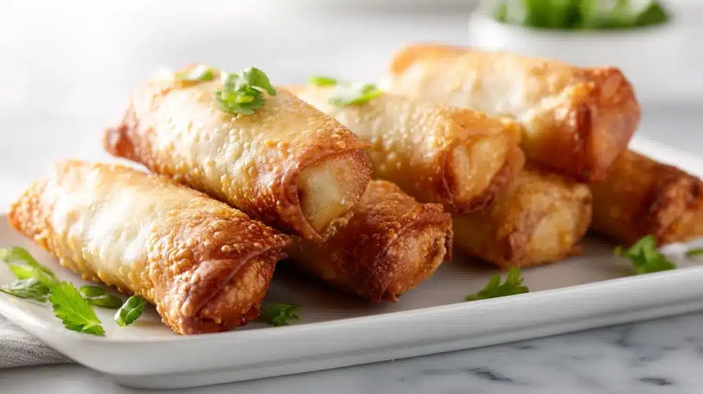 Voodoo egg rolls filled with spicy seasoned meat and vegetables, fried until crispy and golden