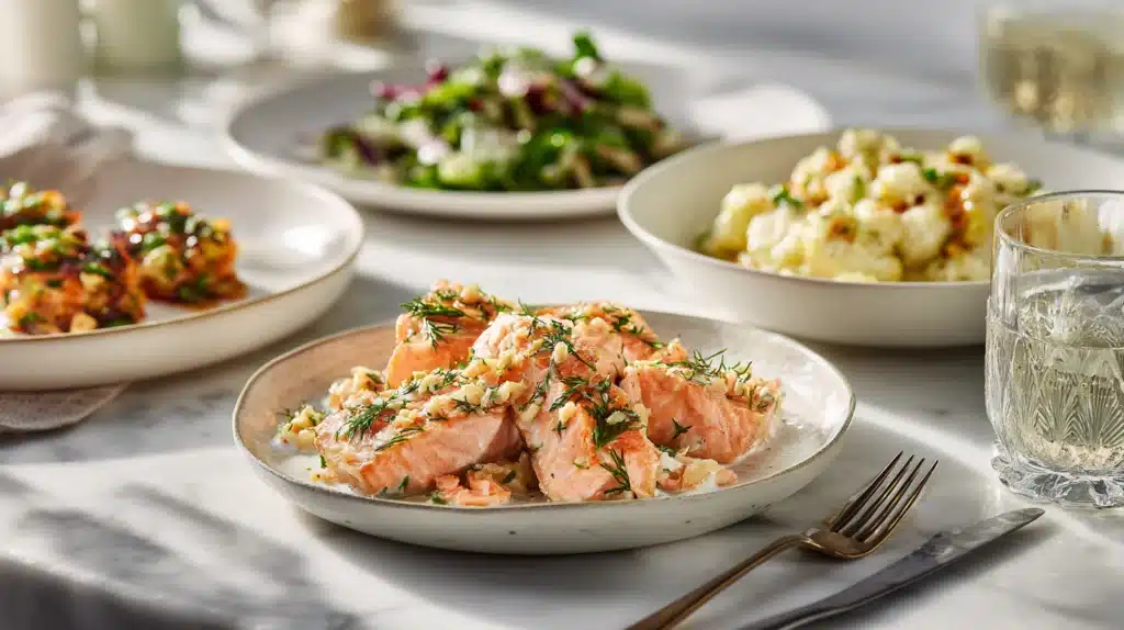 Assortment of salmon recipes including baked, grilled, and glazed salmon served on plates