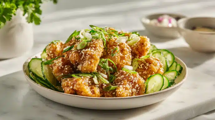 Air fryer bang bang chicken crispy and coated in creamy spicy sauce