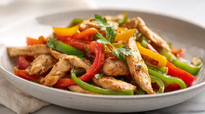 Air fryer chicken fajitas with seasoned chicken strips, bell peppers, and onions