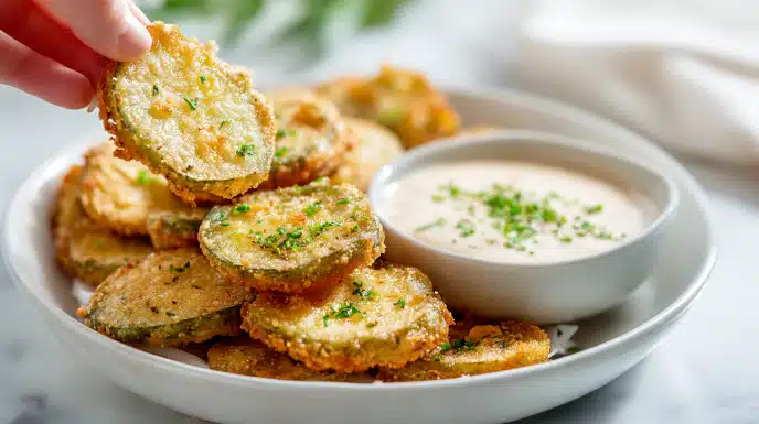 Air fryer fried pickles crispy and golden, served with dipping sauce on a plate.