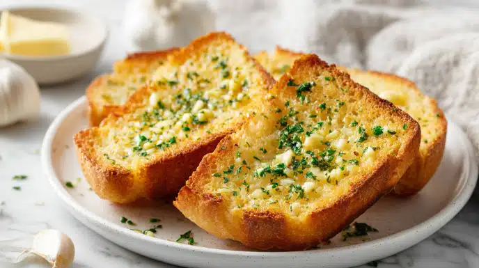 Air fryer garlic bread slices golden and crispy with melted butter and herbs