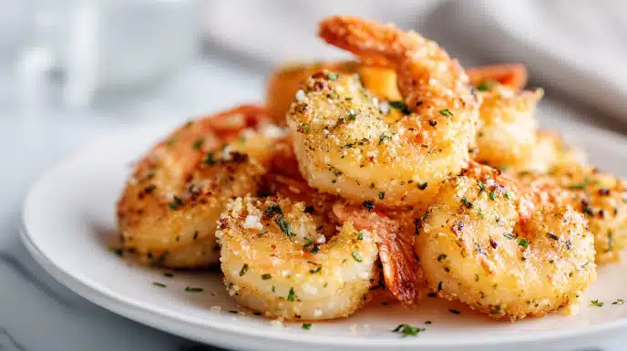 Air fryer garlic parmesan shrimp golden and seasoned with herbs