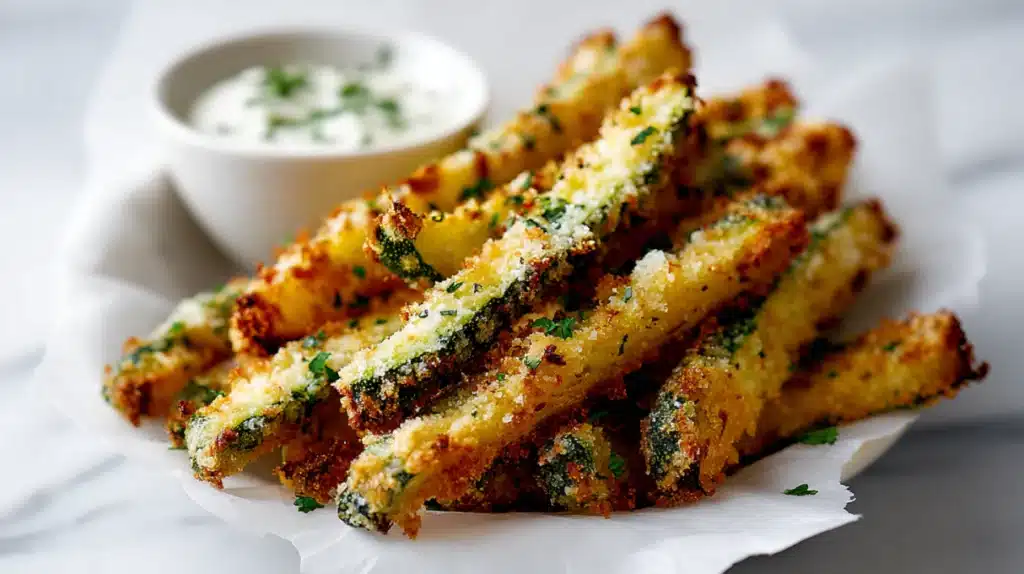 Air fryer parmesan zucchini fries crispy and golden with grated cheese and dipping sauce