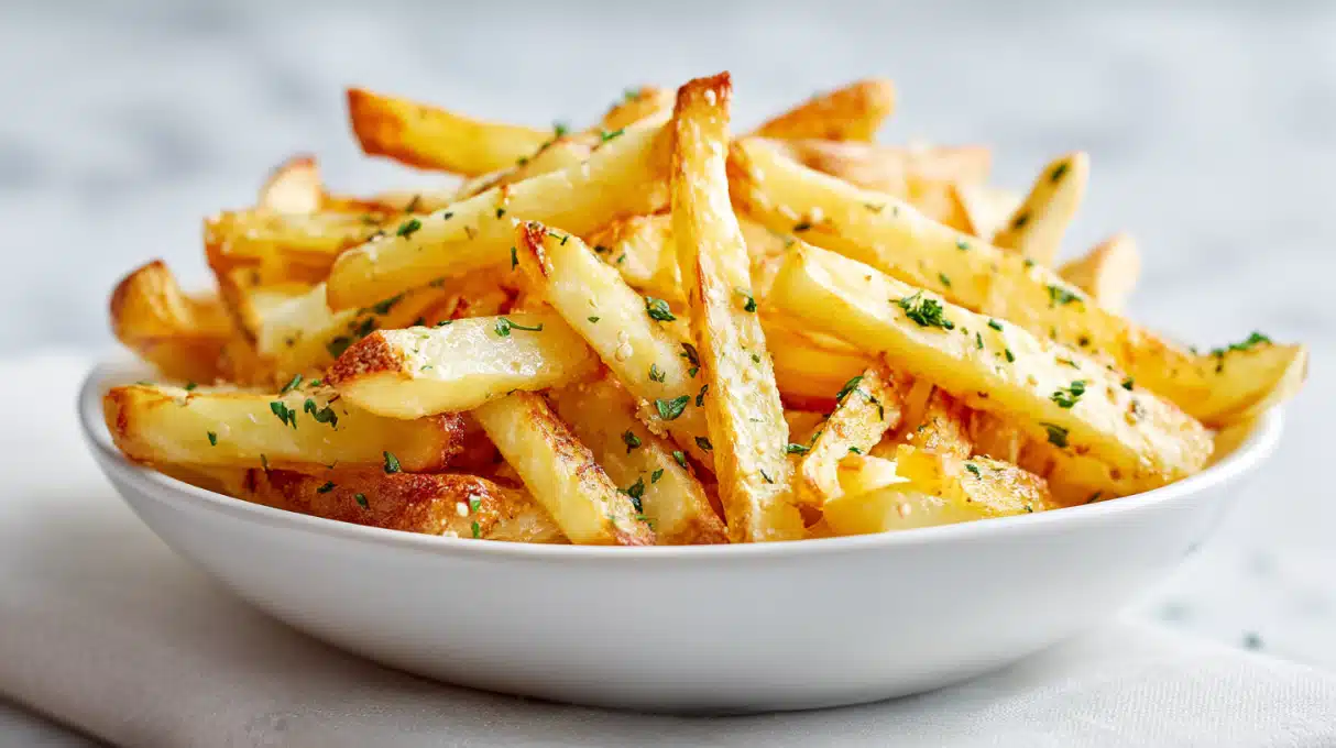 Air Fryer Parsnip Fries 4 Air fryer parsnip fries golden and crispy, seasoned and served in a basket with dipping sauce.