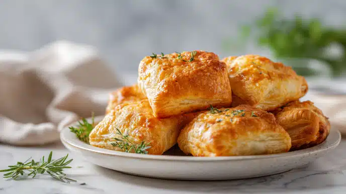 Air fryer pizza rolls golden and crispy on the outside, served hot with marinara dipping sauce.