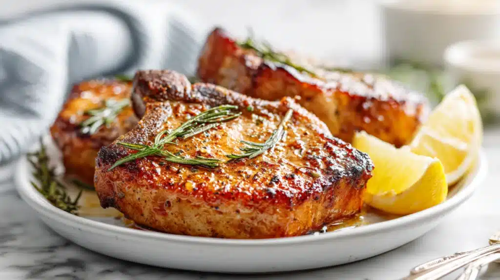 Air fryer pork chops golden brown and seasoned on a serving plate