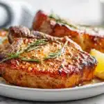 Juicy Air Fryer Pork Chops 7 Air fryer pork chops golden brown and seasoned on a serving plate