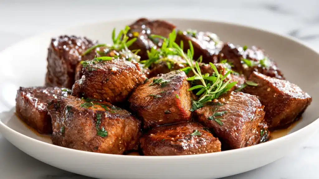 Air fryer steak bites seared and juicy, garnished with herbs and served hot on a plate.